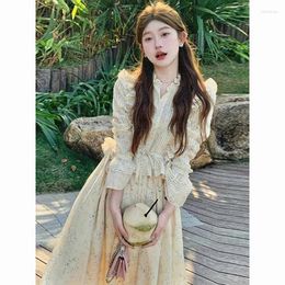 Casual Dresses Women's Lace Collar Waist Retraction Up Flounce Fragmented Flower Dress Vacation Style Lady's Clothing