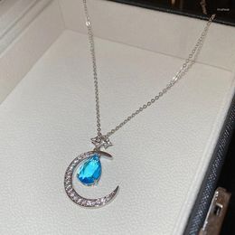 Pendant Necklaces Fashion Cubic Zircon Moon Blue Water Drop Necklace For Women Tiny Chain Elegant Clavicle Party Jewelry Collar Choker