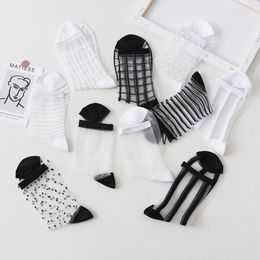 Women Socks Summer Black White Thin Transparent Striped Plaid Cute Sock Ins Personalized Korean Women's