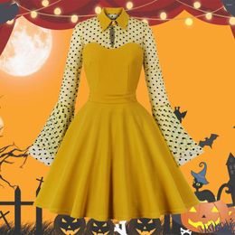 Casual Dresses Women's Halloween Mesh Polka Dot Embroidery Flare Sleeve Patchwork Vintage Dress Cotton House