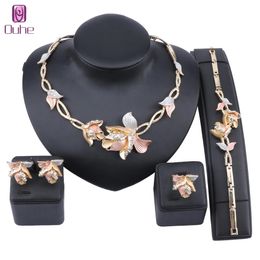 Women Bridal Gold Color Jewelry Sets Crystal Necklace Bracelet Earring Ring Wedding Party Jewellry