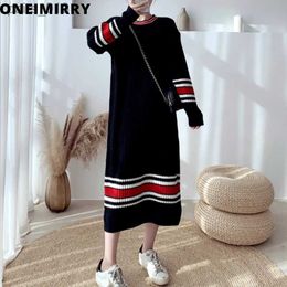 Basic Casual Dresses 2023 Autumn Winter Dress for Women Fashion Striped Black Midi Sweater Thicken Long Sleeve Knited Vestidos Loose Clothes YQ231025