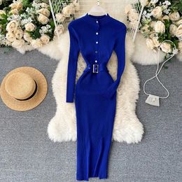 Casual Dresses Chic Vestidos Women Stand Collar Screw Thread Elastic Autumn With Belt Solid Color Knitwears Dress Minimalist Dropship