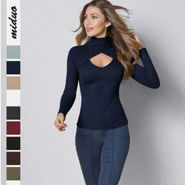 Burypdu Maglione da Donna Sexy Collo Alto T-shirt Lavorata a Maglia a Maniche Lunghe Elasticizzate sul Petto Scava Fuori Ricamo Maglione d'Amore DonnaEssential Multi Colore Fondo Superiore