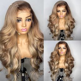 Ombre Blonde 13X4 Transparent Lace Front Human Hair Wig Brown Root Glueless Body Wave Ash Blonde 5X5 Closure Wig Pre Plucked