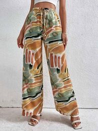 Pantaloni da donna Donna Estate Primavera Moda Stampa grafica Nodo Fronte Spiaggia Allentato Casual Elastico in vita Gamba larga Abstract