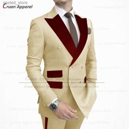 Men's Suits Blazers Fashion Suits for Men Slim fit Luxury Prom Wedding Tuxedos Burgundy Velvet Lapel Blazer Pants 2 Pieces Tailor-made Mens Set Q231025