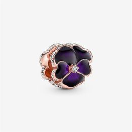 100% 925 Sterling Silver Deep Purple Pansy Flower Charms Fit Original European Charm Bracelet Fashion Jewellery Accessories261V