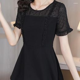 Women's Blouses Women's Chiffon Shirt Short Sleeve Round Collar Bottoming Top Black Lace Blouse M-5XL