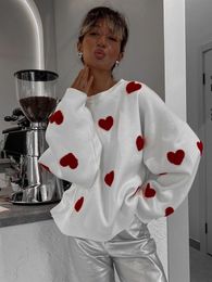Women Cute Heart Printed Sweater Long Sleeve Casual Pullover Knitted Sweaters O-neck Jumpers Tops 2310242