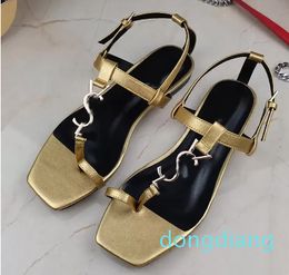 designer branded Flat sandals strip Black Patent Leather Women dress shoes Tribute Sandal metal buckle