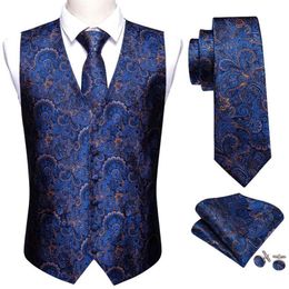 Men's Vests Barry Wang Men Suit Blue Floral Waistcoat Silk Tailored Collar V-neck Check Male Vest Tie Set Formal Leisure M-20296h