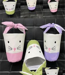 Storage Bags Easter Bunny Barrel Bucket Basket Plaidwork Cartoon Rabbit Ear Bowknot Canvas Tote Bag New Year Gifts Egg Candies Han7924449