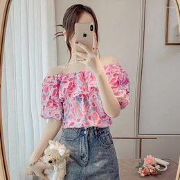 Women's Tanks 2023 Summer One Line Neck Ruffled Fragmented Chiffon Shirt For Design Sense Small And Beautiful Short Sleeve Top