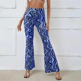 Women's Pants Long Blue Ladies Yoga Casual Flared Thin Sweatpants Wave Pattern Geometric Stripes Female Trouser