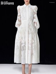 Casual Dresses Runway Women Luxury Lace Hollow Out Embroidery Dress Elegant Ladies White Single-breasted Shirt Robe Evening Party Vestido