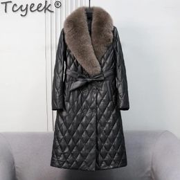 Women's Leather Winter Natural Fur Collar Coat Mid-long Slim Sheepskin Coats Women Clothes Real Down Jacket Lady Veste Femme