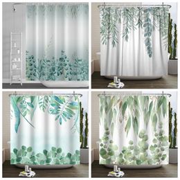 Shower Curtains Green Eucalyptus Shower Curtain Watercolor Leaves Plant Floral Pattern Durable Waterproof Bathroom Curtain Decoration With Hooks 231025