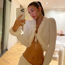 Women s Sweaters Furry Y2K Knitwear Trim Tie up Sexy Fur Sweater Women Long Sleeve V Neck Cardigan Knit Crop Tops Elegant Ins 231025