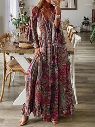 Casual Dresses Women Bohemian Beach Maxi Dress Spring Summer V-Neck Long Sleeve Vintage Floral Print Vestidos