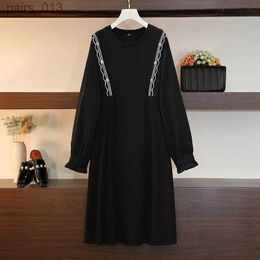 Basic Casual Dresses 150Kg Plus Size Women's Bust 149 Spring Autumn New Loose O-Neck Long Sleeve A-Line Dress Black 5XL 6XL 7XL 8XL 9XL YQ231025