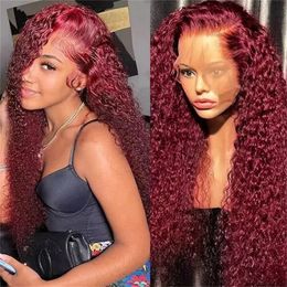 Lace Wigs 13x4 99J Burgundy Red Colored Deep Curly Lace Front Human Hair Wigs For Women Water Wave Transparent Lace Frontal Wig Glueless 231024