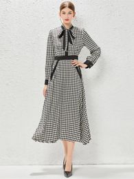 Casual Dresses Hepburn Style Temperament Collision Colour Birds Lattice Long Women's Dress Elegant OL Sleeve Bow Slim Mermaid