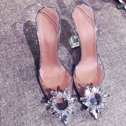 Amina muaddiNet red pointed transparent sandals women's summer 2024 new one-line belt fine heel Rhinestone sexy Baotou high heels