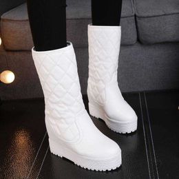 winters Boots White Snow Boots with Raised Height Inside Women's Mid Length Winter Leather Waterproof Warm Cotton Boots Versatile Plush Sloping Heel Thick Sole Short