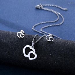 Necklace Earrings Set Korean Stainless Steel Fashion Double Heart Pendants Necklaces For Women Men Stud Collier Femme