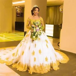 Black Girls White with Gold Lace Wedding Dress 2024 Long Sleeves Beaded Appliques Skin Tulle Long Sleeves Bridal Gowns Custom Made Vestidos De Novia