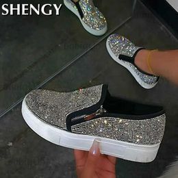 Dress Shoes Women Flats Shoes Fashion Shiny Rhinestone Side Zipper Footwear Outdoor Casual Platform Loafers Ladies Vulcanised Shoes Zapatos T231025