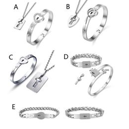 Titanium Steel Love Puzzle Couple Heart Lock Key Bracelet Necklace Lover Jewellery Set Fashion Earrings &192f