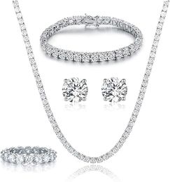 18K White Gold Plated Tennis Necklace/Bracelet/Earrings/Band Ring Sets Hypoallergenic Jewelry Pack of 4 in 1