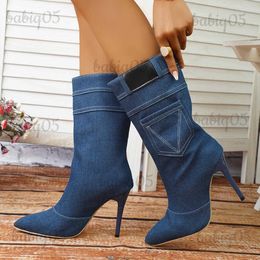 Boots Pointed Toe Fashion Boots Denim Fabric Women's Shoes 2023 New Thin High Heel Mid-calf Retro Blue Elegant Mid Length Denim Boots T231025