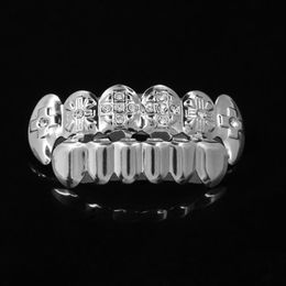 18k Real Gold Silver Plated Iced Out CZ Rhinestone HipHop Teeth GRILLZ Caps Top Bottom Grill Set vampire teeth Party Gift297K