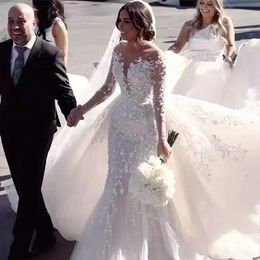 2024 nova sereia vestidos de casamento de luxo elegante vestidos de noiva mangas compridas 2 em 1 trem destacável vestidos de novia vestido de casamento