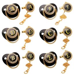 Other Baby Feeding Black Luxury Pacifier Chain Clips with Lid Name Initial Letter Silicone Nipple Holder Personalised Pacifiers born Shower 231025