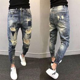 Men's Pants 2021 Fashion Ripped Trendy Lace-up Trousers Leg And Ankle Jeans Slim Harem173T