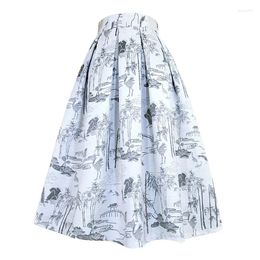 Skirts 2023 Autumn Korean Celebrity Vintage Retro Ink Painting Landscape Light Gray High Waist Long Maxi Skirt Cotton Linen Thick Warm