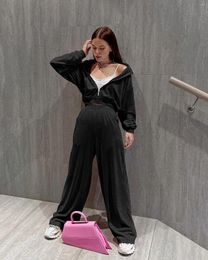 Women's Two Piece Pants Fashion Velvet 2 Pieces Sets Women Casual Zipper Hoodies And Loose Outfit Autumn Winter Female Y2k Streetwear