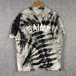 T shirt Men Women Tie Dye 1 Quality Letter Embroidery Tee Oversize Tops Vintage Short Sleeve Real Pics2609