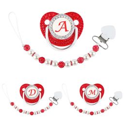 Other Baby Feeding Red Zircon Luxury Pacifier Clip 26 Letters born Personalised Beaded Pacifiers Holder Silicone Infant Teether Nipple 231025