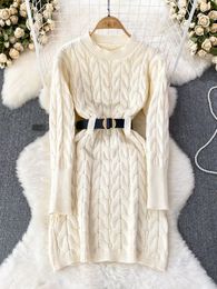 Casual Dresses Women Autumn Vestidos Fashion Temperament Long Sleeve Fried Dough Twists Wool Dress Round Neck Waist Bag Hip Knit D5155