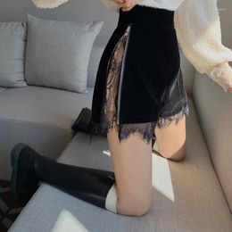 Women's Shorts 2023 Spring Summer Women Lace Edge High Waist Slim Western Style A-Line Female Velvet Zipper Wide Leg Black