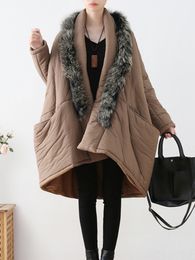 Winter Coat original design women long style A-line loose large size literary cotton-padded coat oversized fox fur collar cotton-padded coat