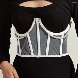 Belts Pearl Waist Corset With Dangle Chain Gothic Weaving Elastic Corsets Wide Belt Lace Slimming Waistband Women