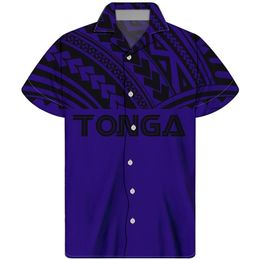 Men's Casual Shirts HYCOOL Tonga Tattoo Print Navy Blue Vintage Short Sleeve Men Shirt Button Up Oversize Hawaiian Beach Cust302D