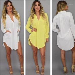 Summer Sexy V Neck Short Beach Dress Chiffon White Mini Loose Casual T Shirt Dress Plus Size Women Clothing1274e