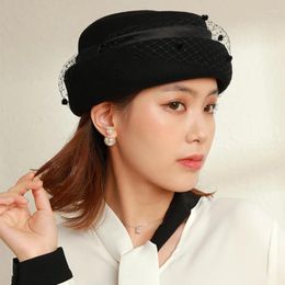 Berets Winter Hat Luxury Ladies Hats For Women Wool Fedora With Mesh Braid Elegant French Pueple Black Beret Pillbox